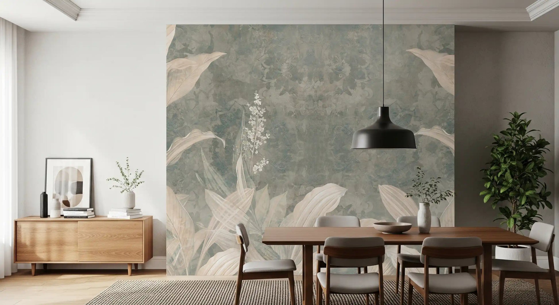 Botanical wall mural with Misty Forest Landscape subtle forest detailing
