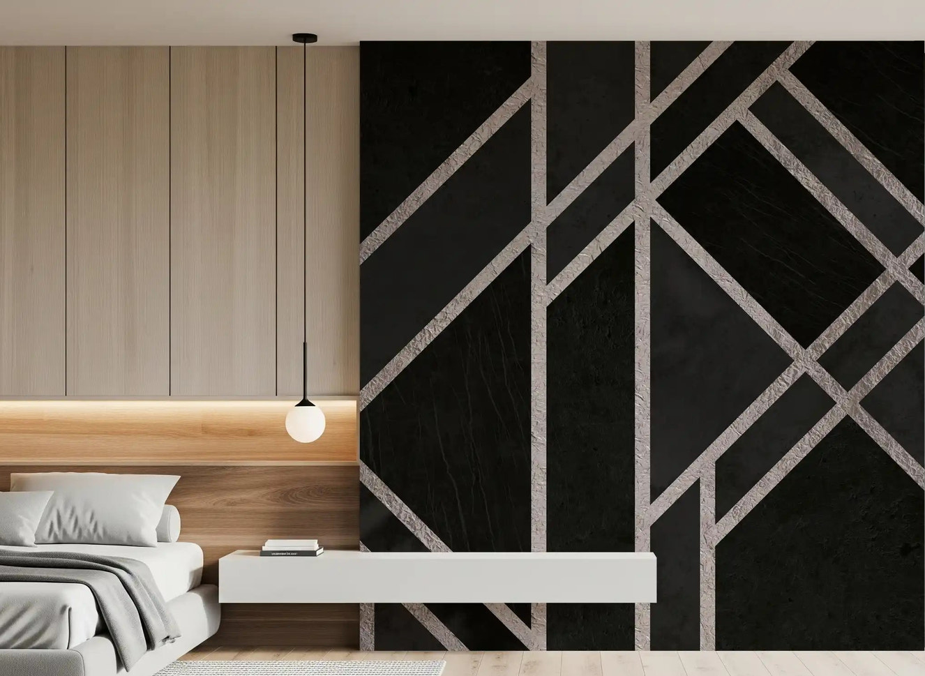 Modern bedroom setup with Luxe Black Art Deco wall mural and sharp layout