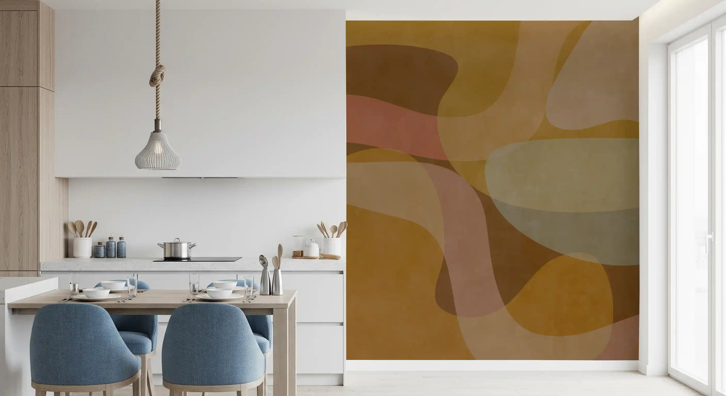Dining room setup using Earthen Waves Abstract wall mural in warm hues