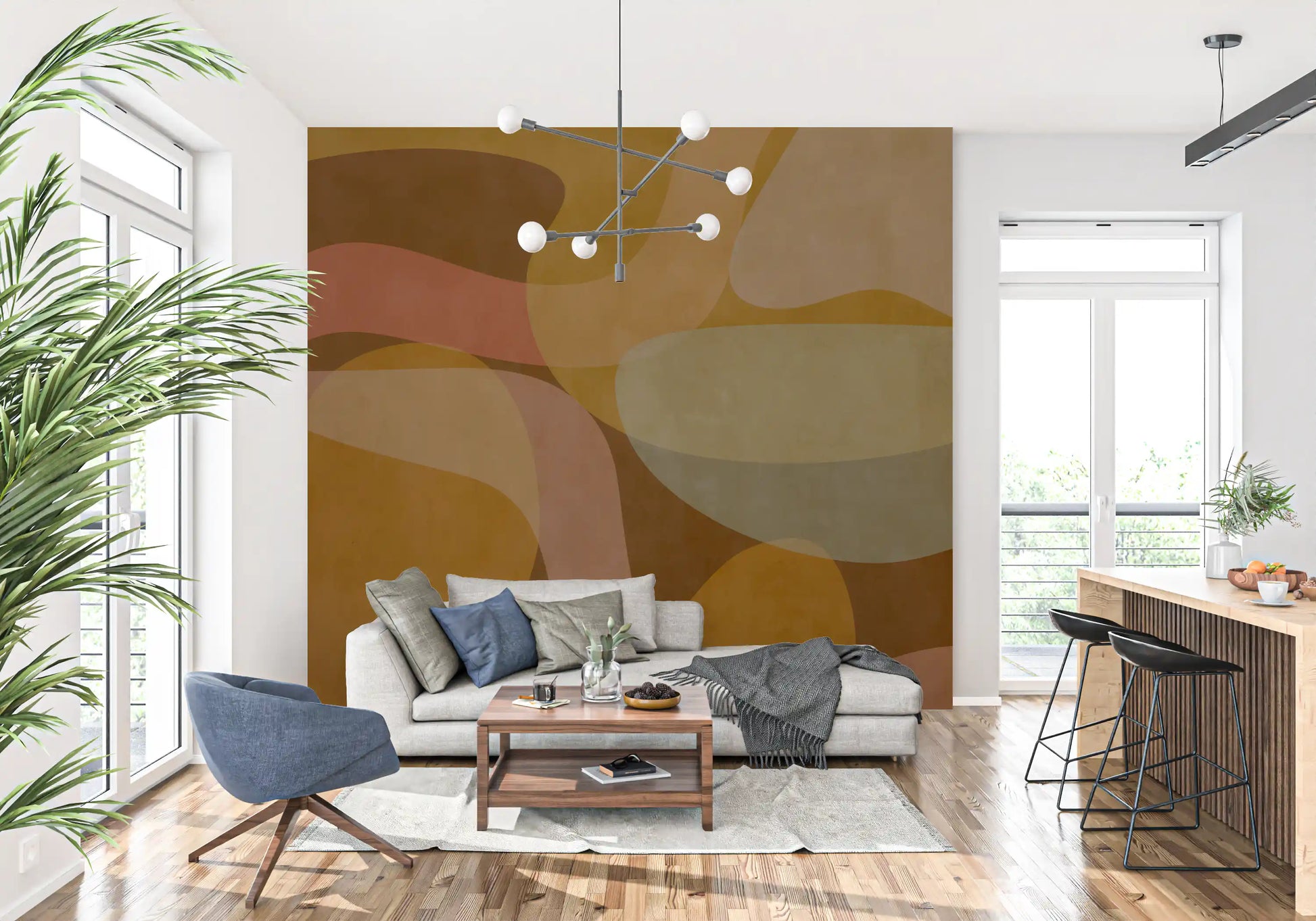 Living room styled with Earthen Waves Abstract wall mural in ochre tones