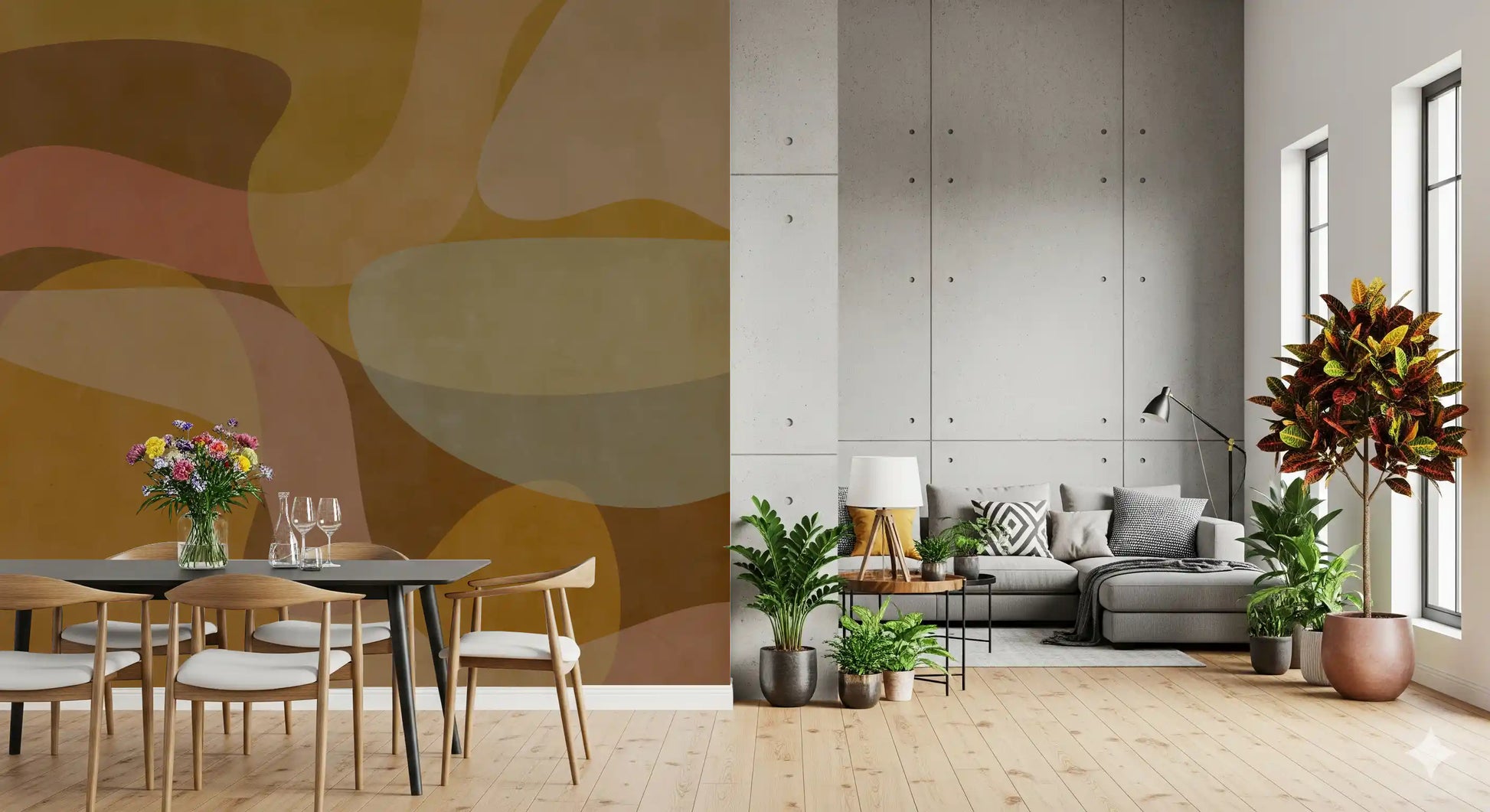 Earthen Waves Abstract wall mural with flowing ochre and beige shapes