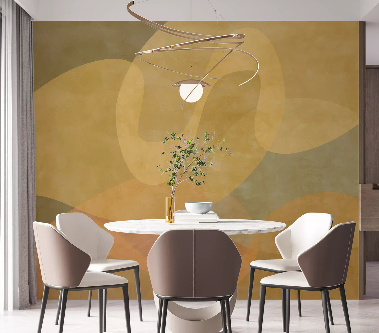 Dining area featuring Golden Ochre Organic Flow wall mural soft layering