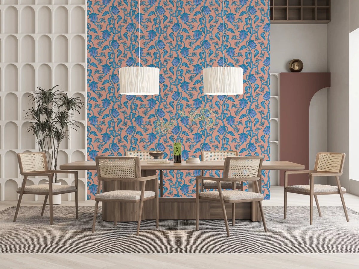 Floral pattern wallpaper showing Ophelia Boho Blossoms curved stems