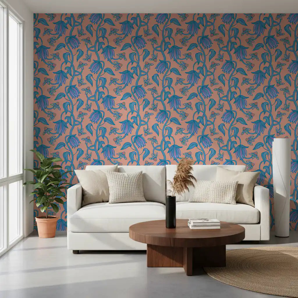 Ophelia Boho Blossoms wallpaper with blue purple flowers on blush base