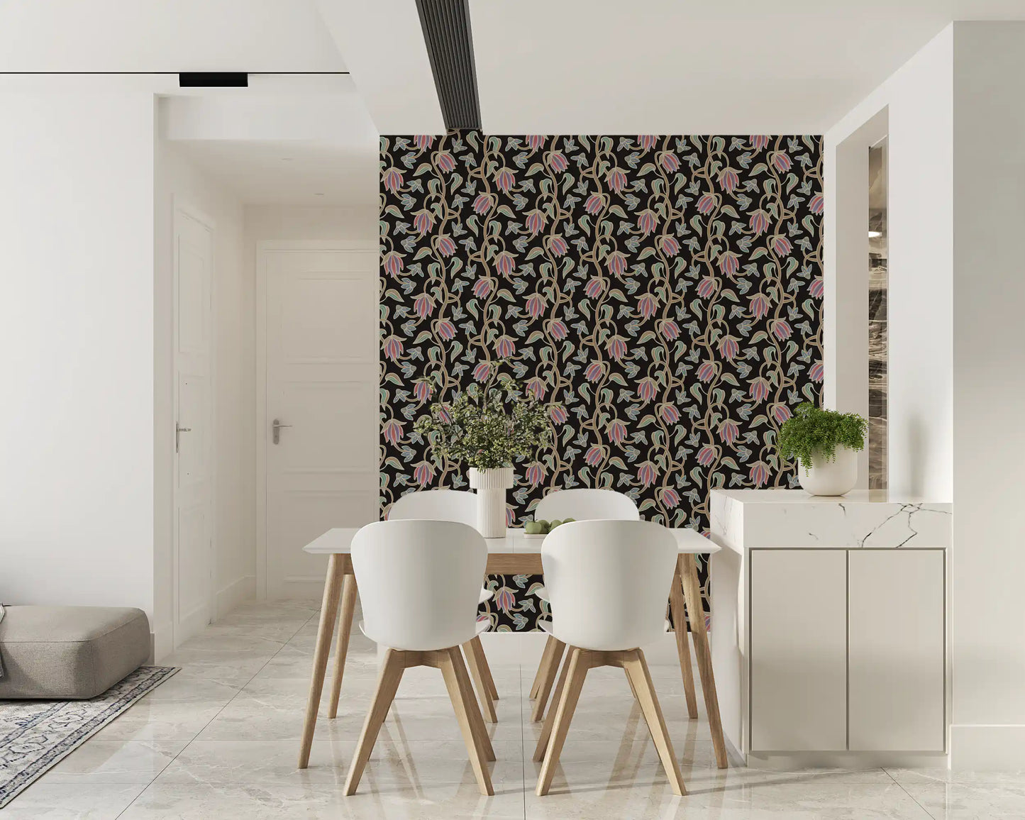 Ophelia Boho Blossoms wallpaper with antique pastels on black background
