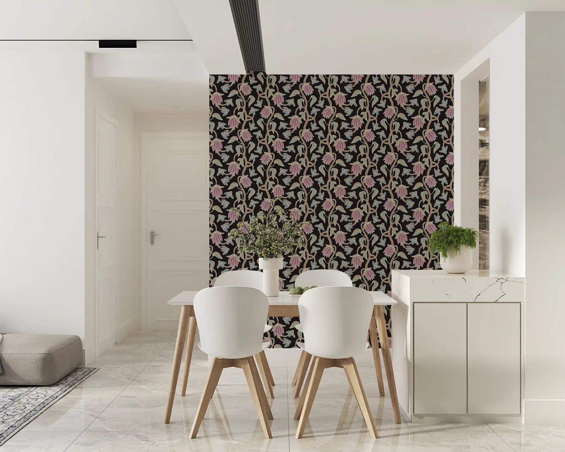 Ophelia Boho Blossoms wallpaper with antique pastels on black background