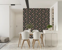 Ophelia Boho Blossoms wallpaper with antique pastels on black background