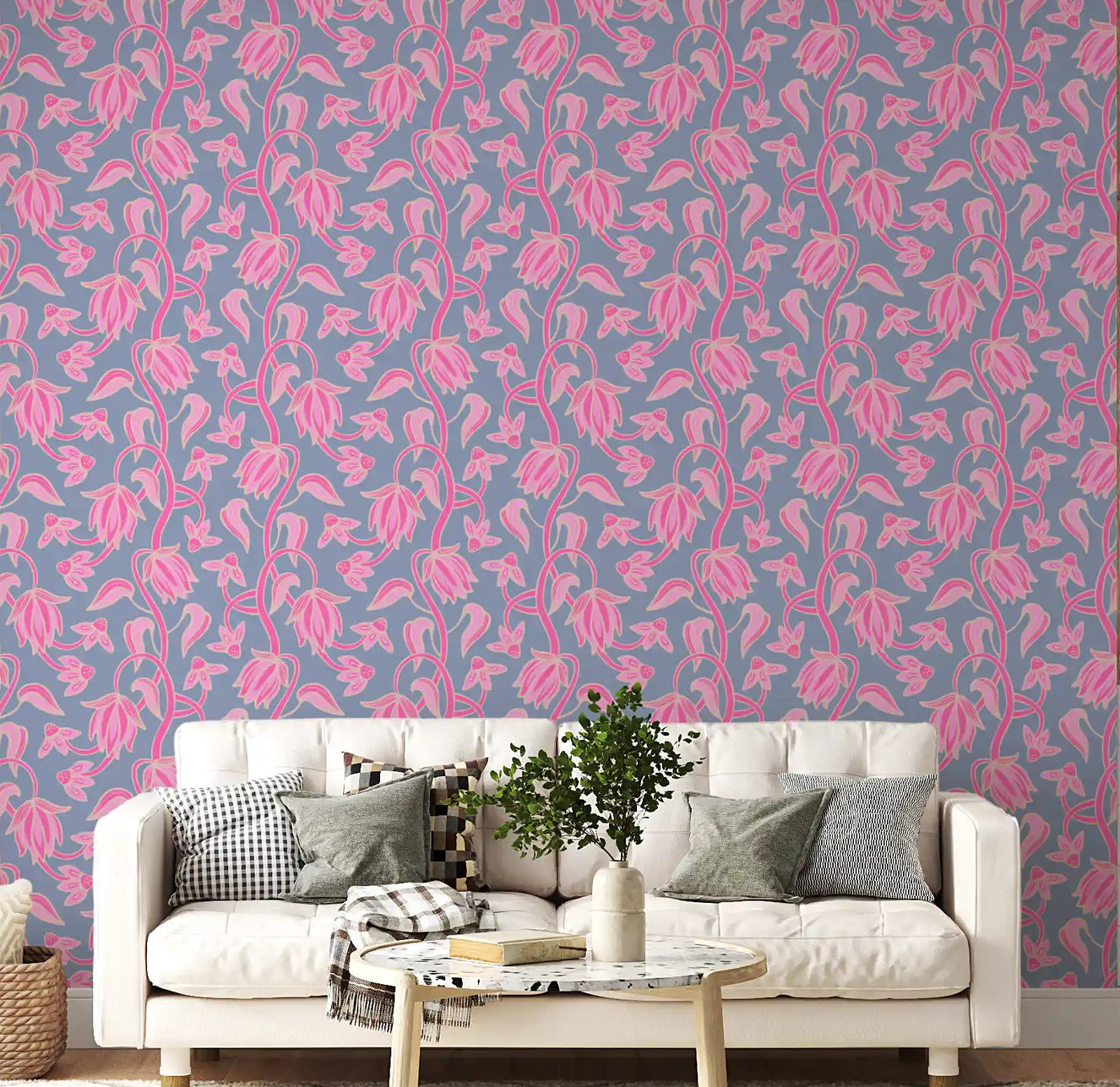 Floral repeat wallpaper featuring Ophelia Boho Blossoms curved stems