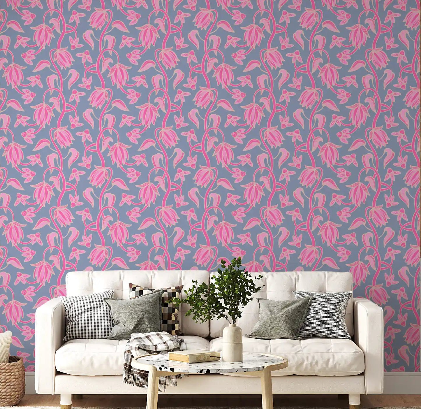 Floral repeat wallpaper featuring Ophelia Boho Blossoms curved stems