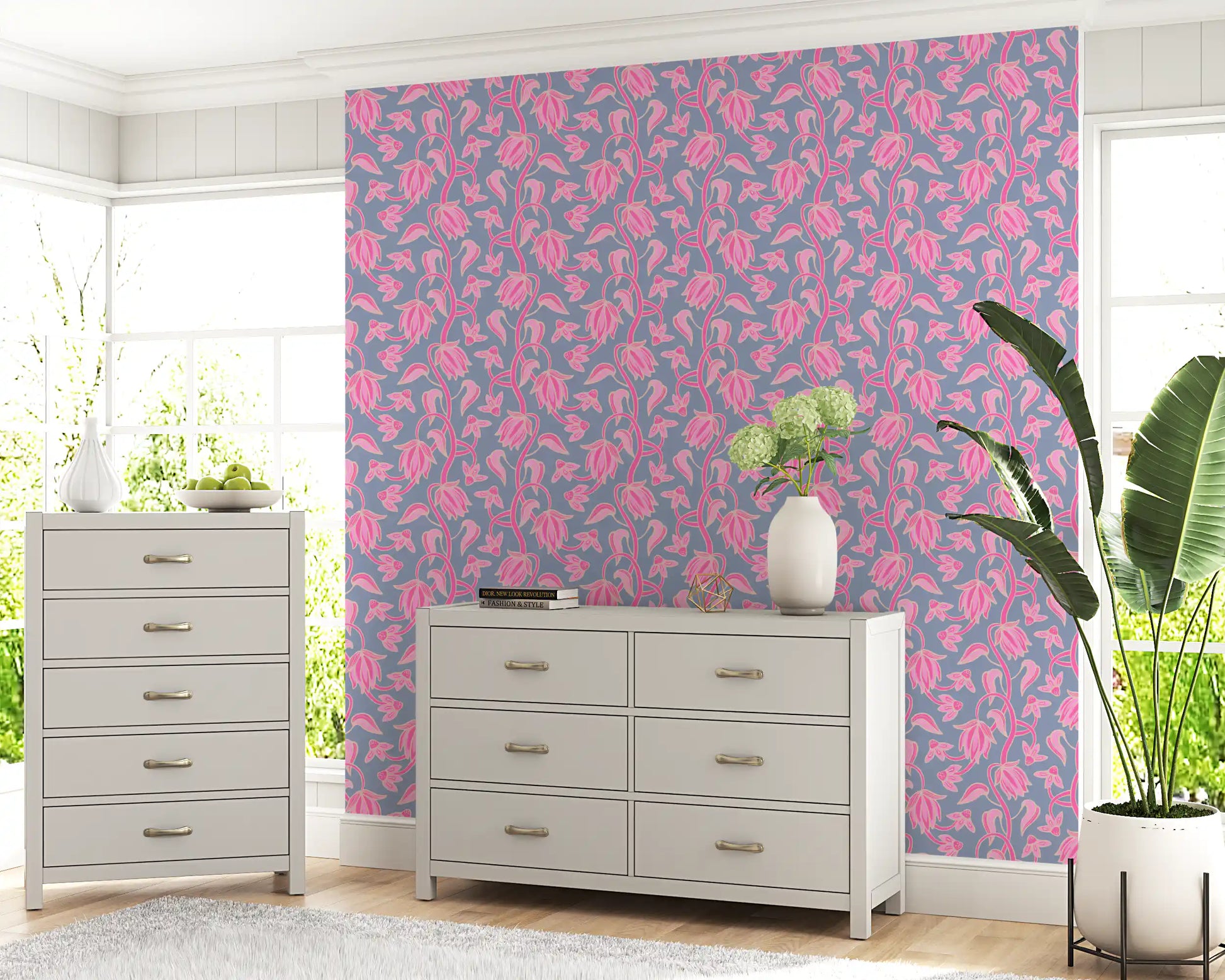 Lavender base wallpaper featuring Ophelia Boho Blossoms pink blooms