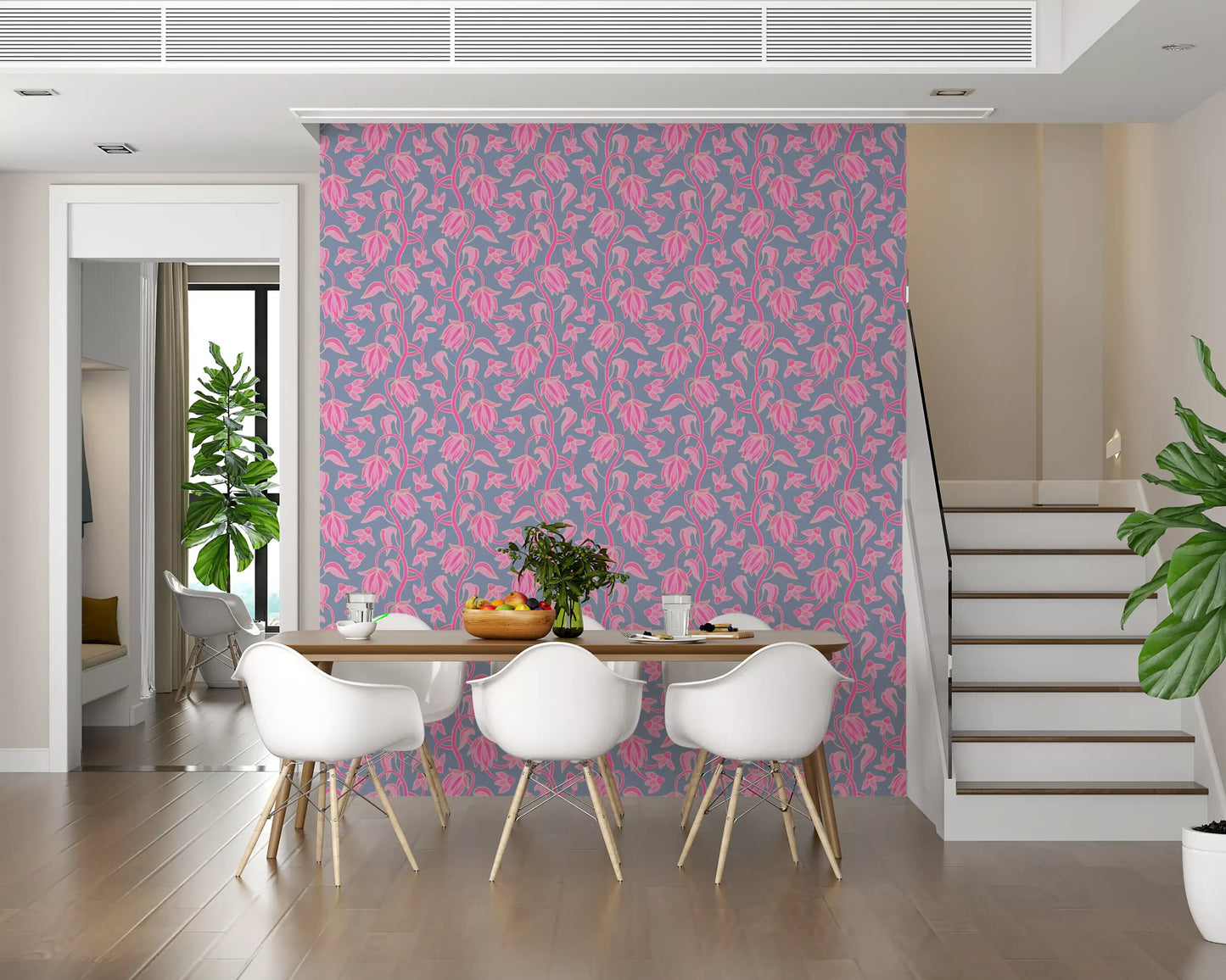 Pink floral wallpaper showing Ophelia Boho Blossoms flowing pattern
