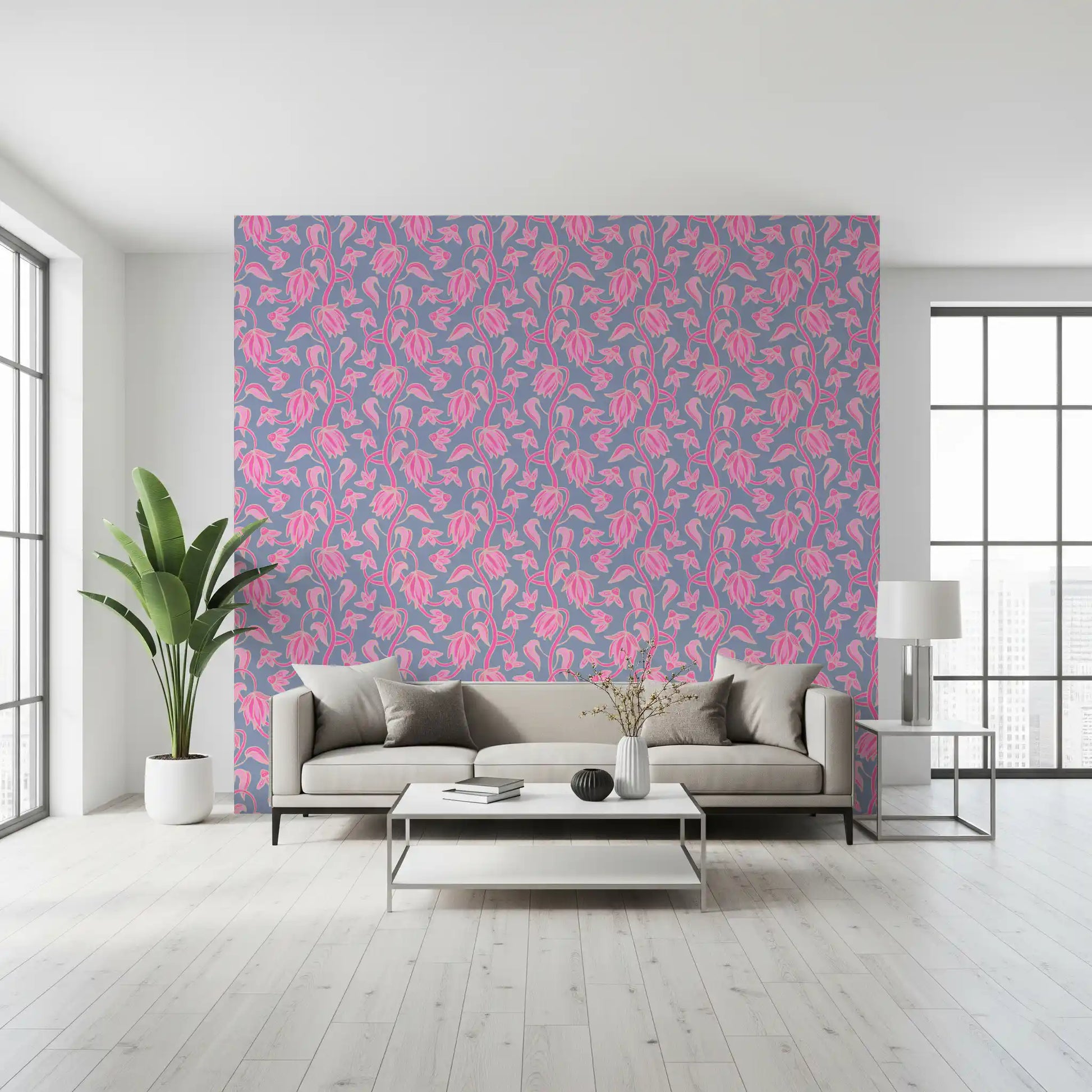 Living space featuring Ophelia Boho Blossoms wallpaper lavender base