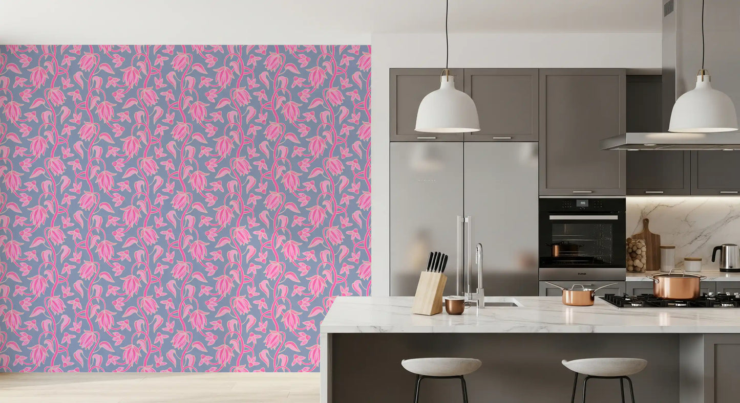 Kitchen area styled in Ophelia Boho Blossoms wallpaper soft boho design