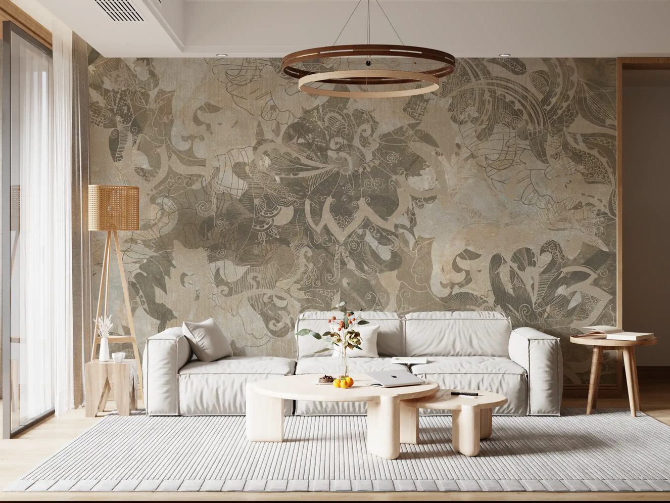 Living room styled with Organic Earth Tapestry wall mural neutral texture look