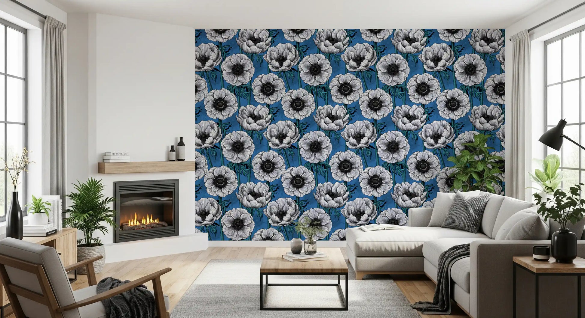 Botanical floral wallpaper featuring White Anemone Garden detailed petals