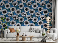 Living room styled using White Anemone Garden wallpaper blue floral backdrop