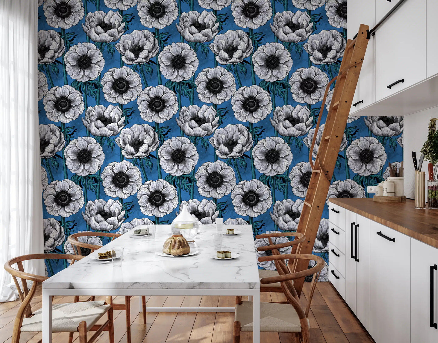 Floral pattern wallpaper showing White Anemone Garden blue base design