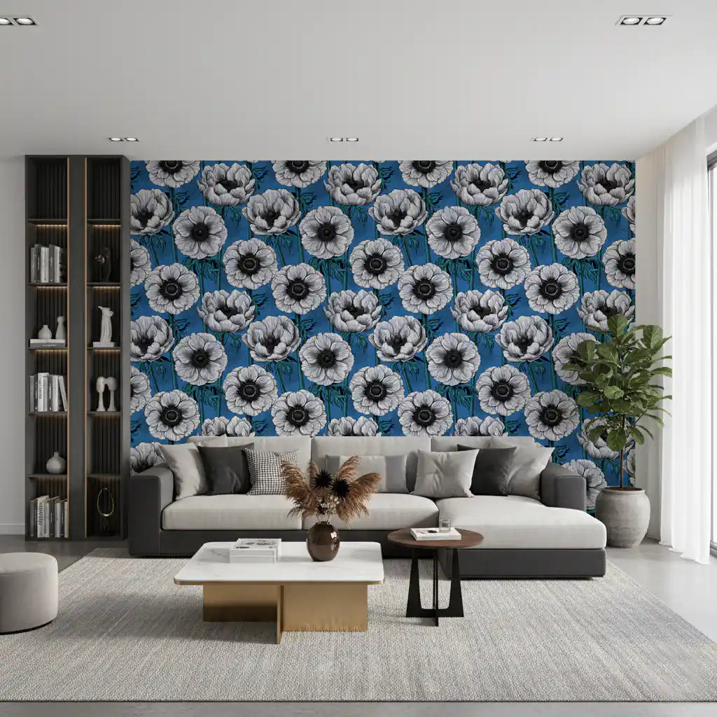 Living room styled with White Anemone Garden wallpaper floral design
