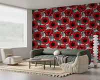 Red Anemone Garden on White wallpaper with bold red floral design