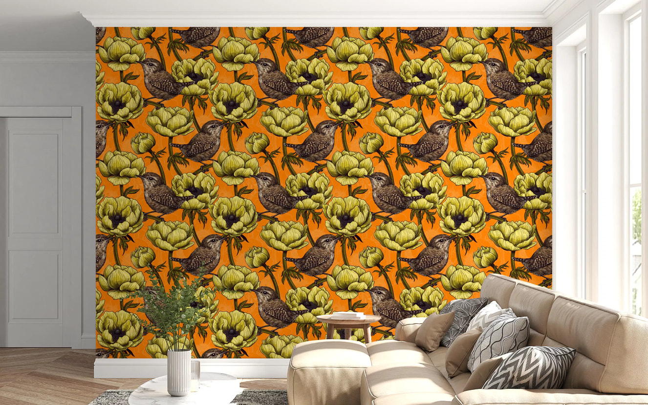 Living room styled with Wrens in the Yellow Anemone Garden wallpaper
