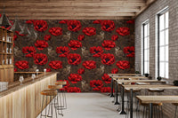 Wrens in Red Anemone Garden wallpaper dark tone design