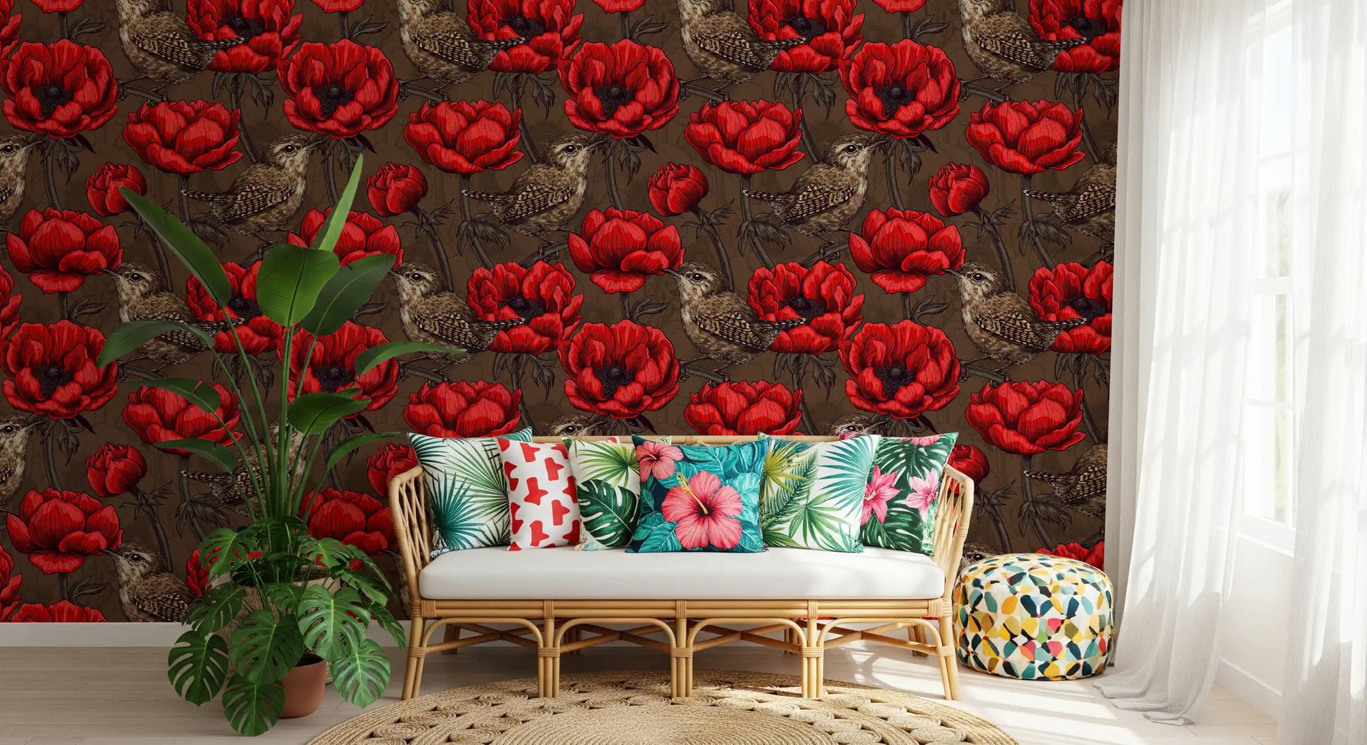 Hallway room uses Wrens in Red Anemone Garden wallpaper design