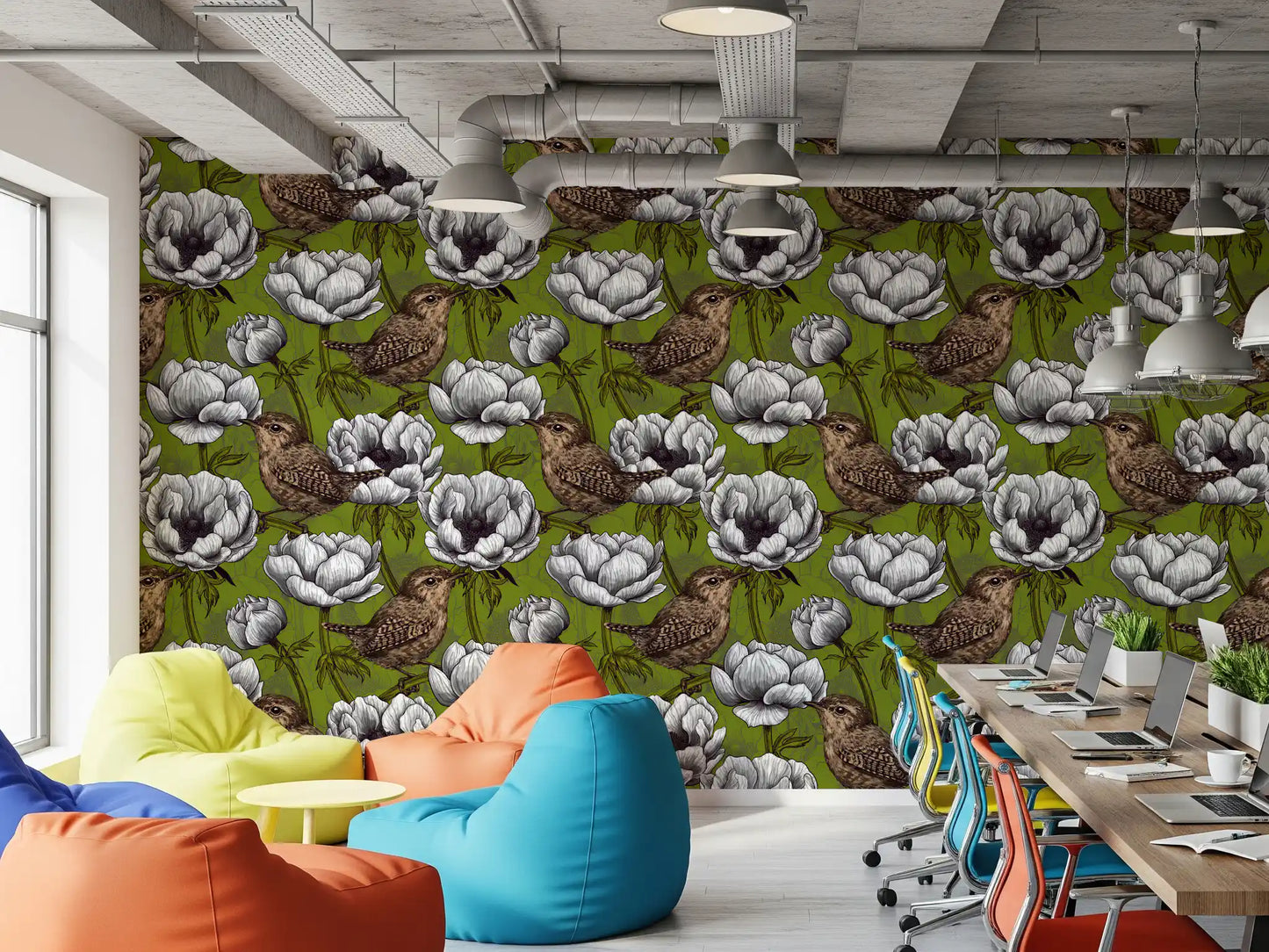 Office setup featuring Wrens in the White Anemone Garden wallpaper