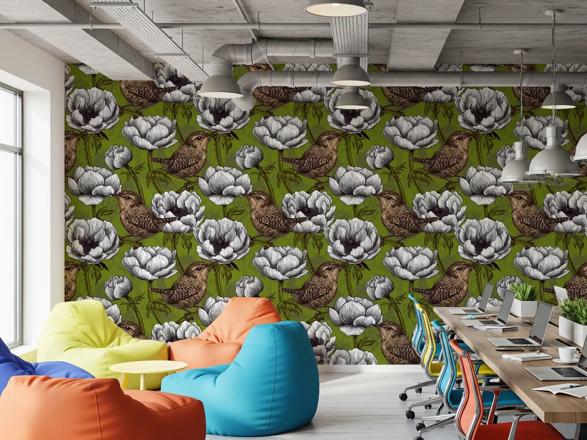 Office setup featuring Wrens in the White Anemone Garden wallpaper