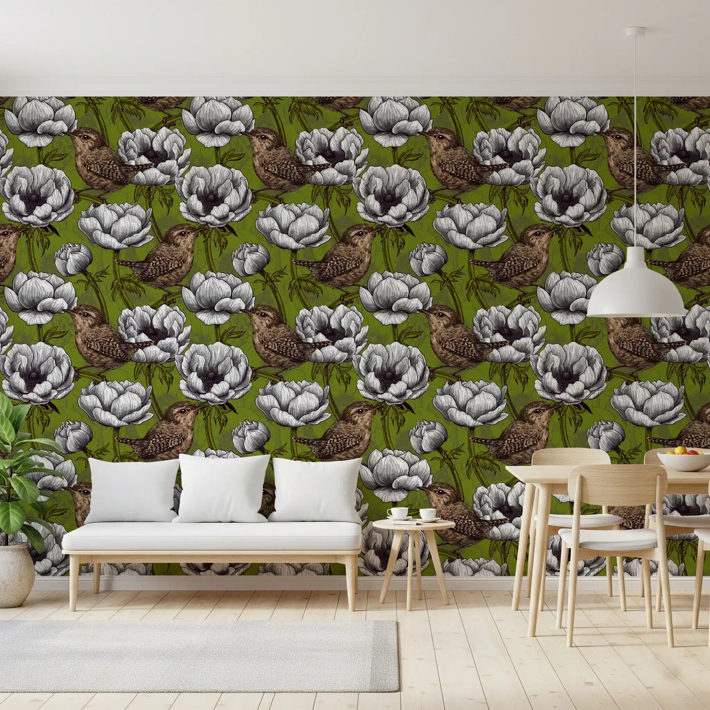 Green base in Wrens in the White Anemone Garden wallpaper design