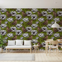 Green base in Wrens in the White Anemone Garden wallpaper design
