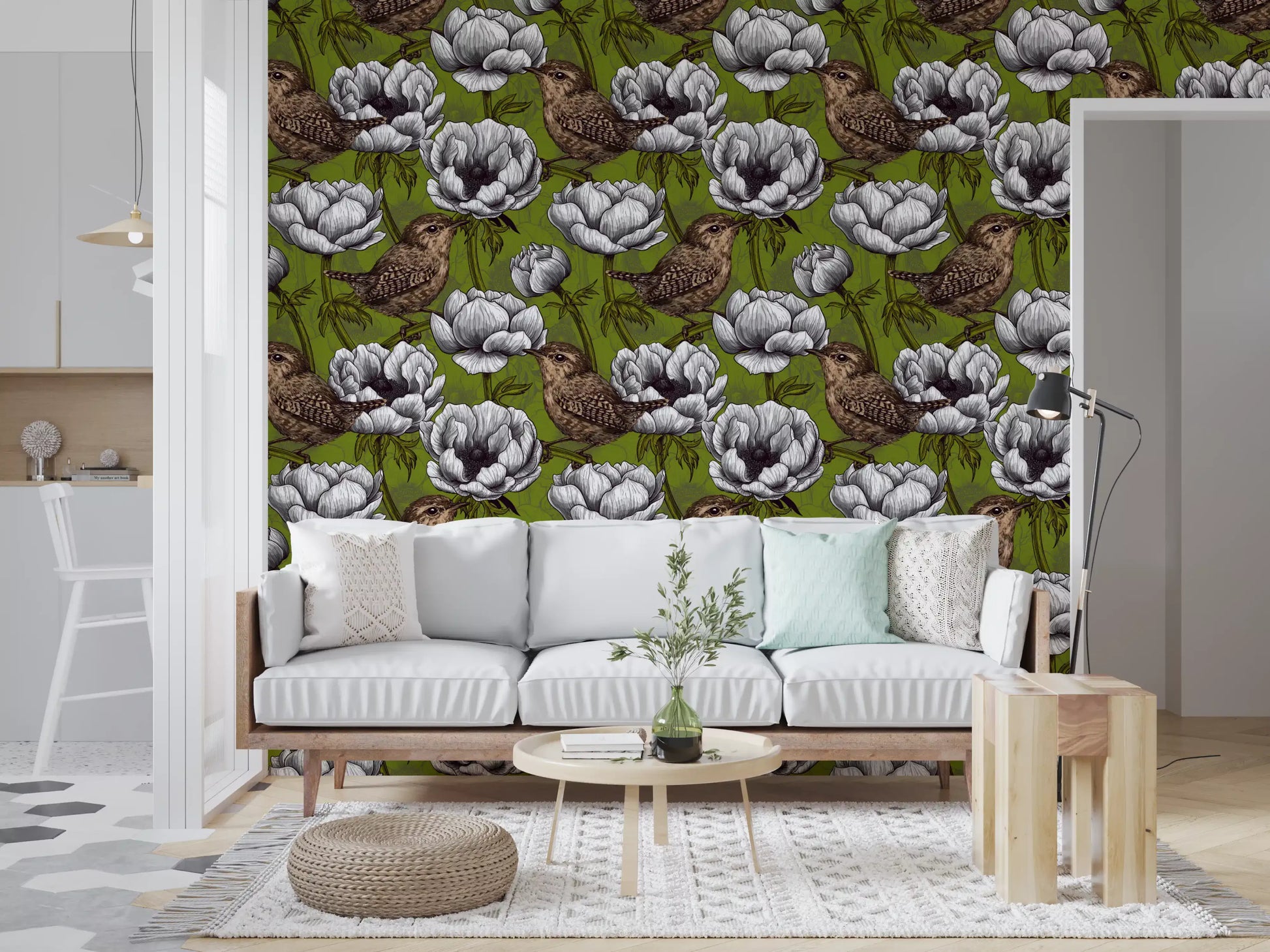 White flowers in Wrens in the White Anemone Garden wallpaper