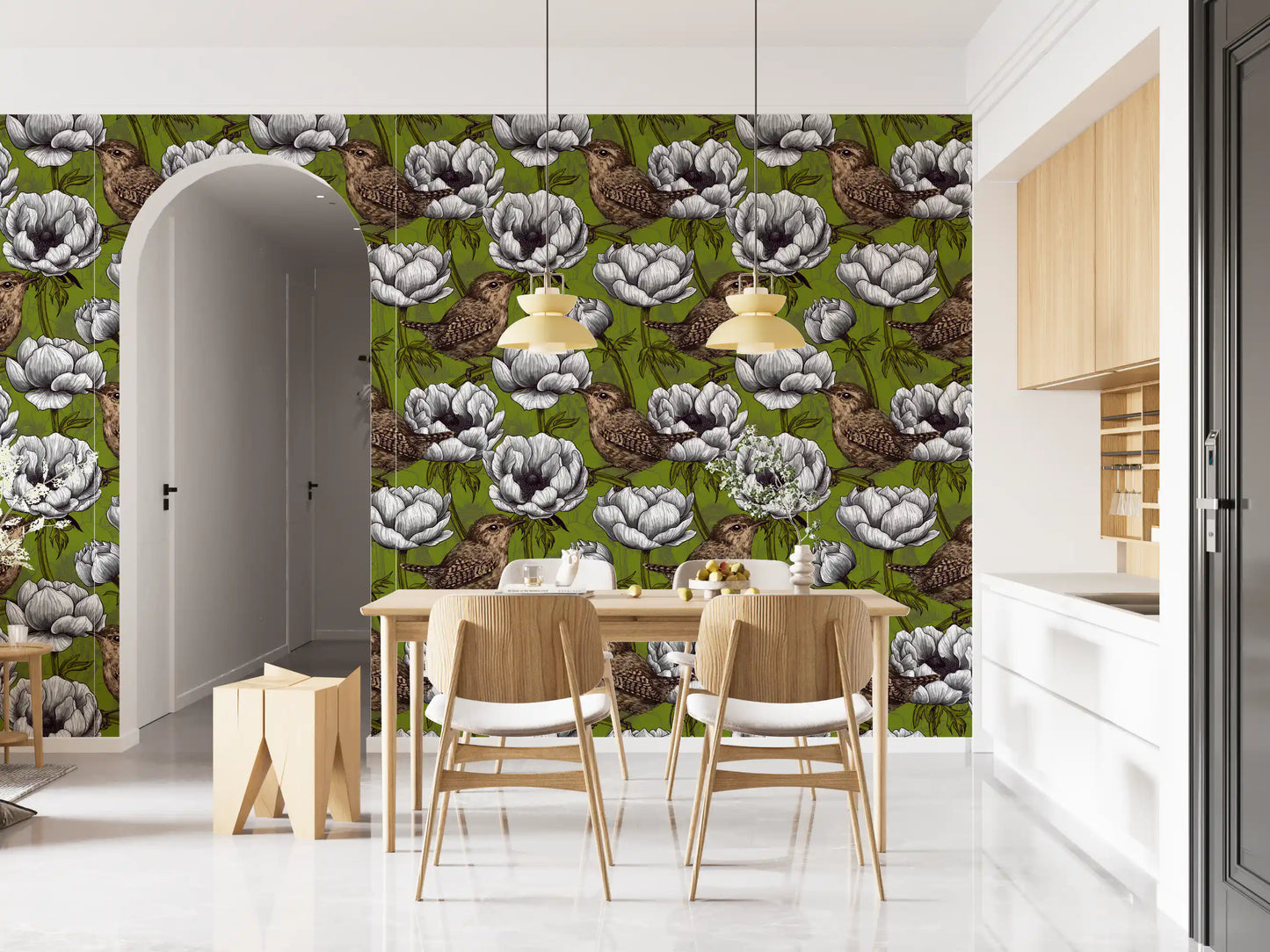 Floral pattern in Wrens in the White Anemone Garden wallpaper