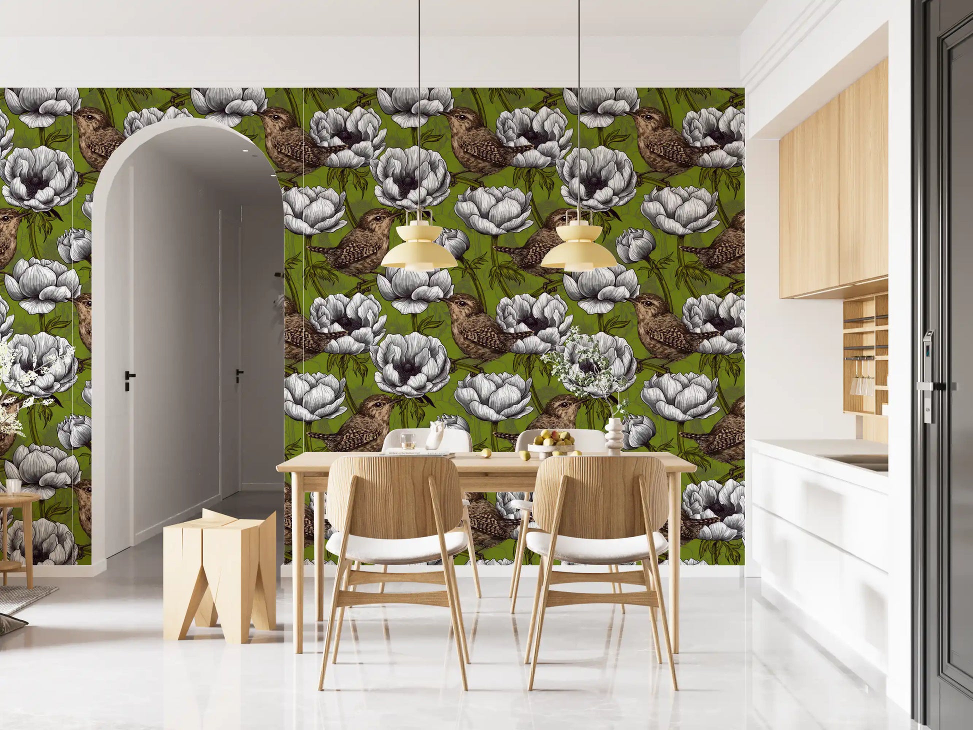 Floral pattern in Wrens in the White Anemone Garden wallpaper