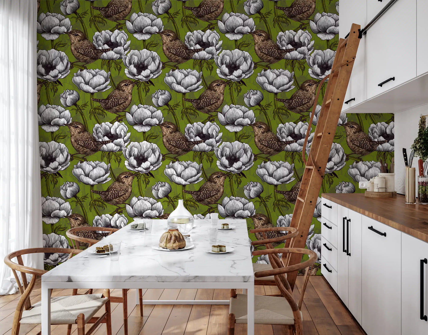 Wrens in the White Anemone Garden wallpaper botanical theme