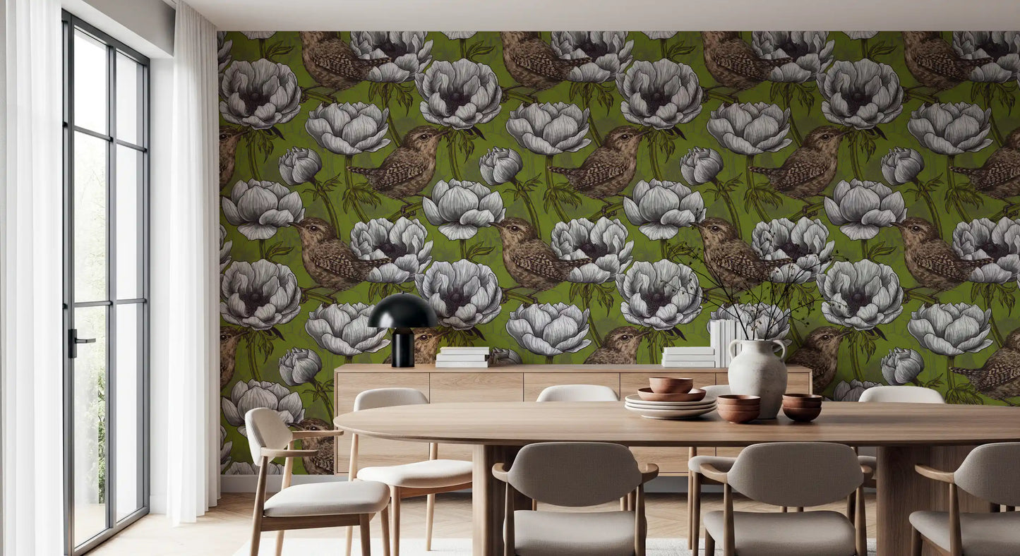 Bird perched detail in Wrens in the White Anemone Garden wallpaper