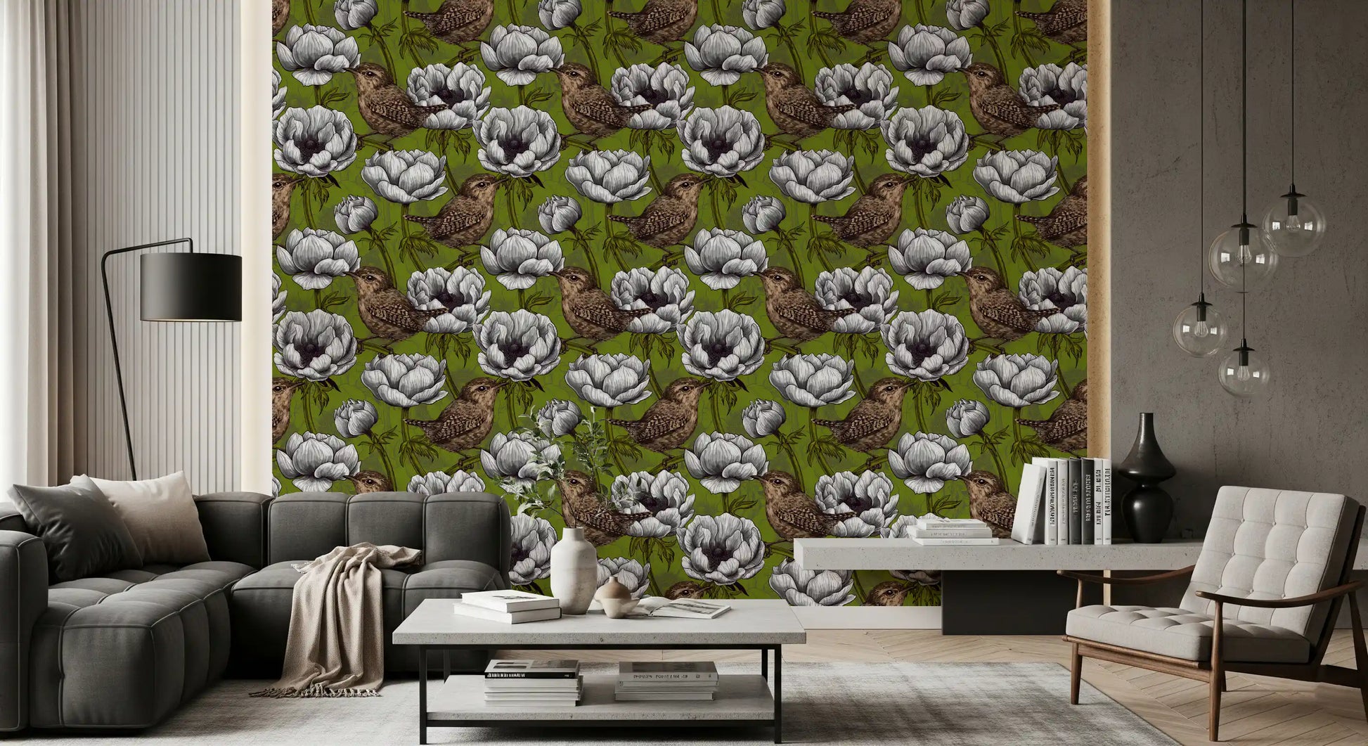 Living room with Wrens in the White Anemone Garden wallpaper birds