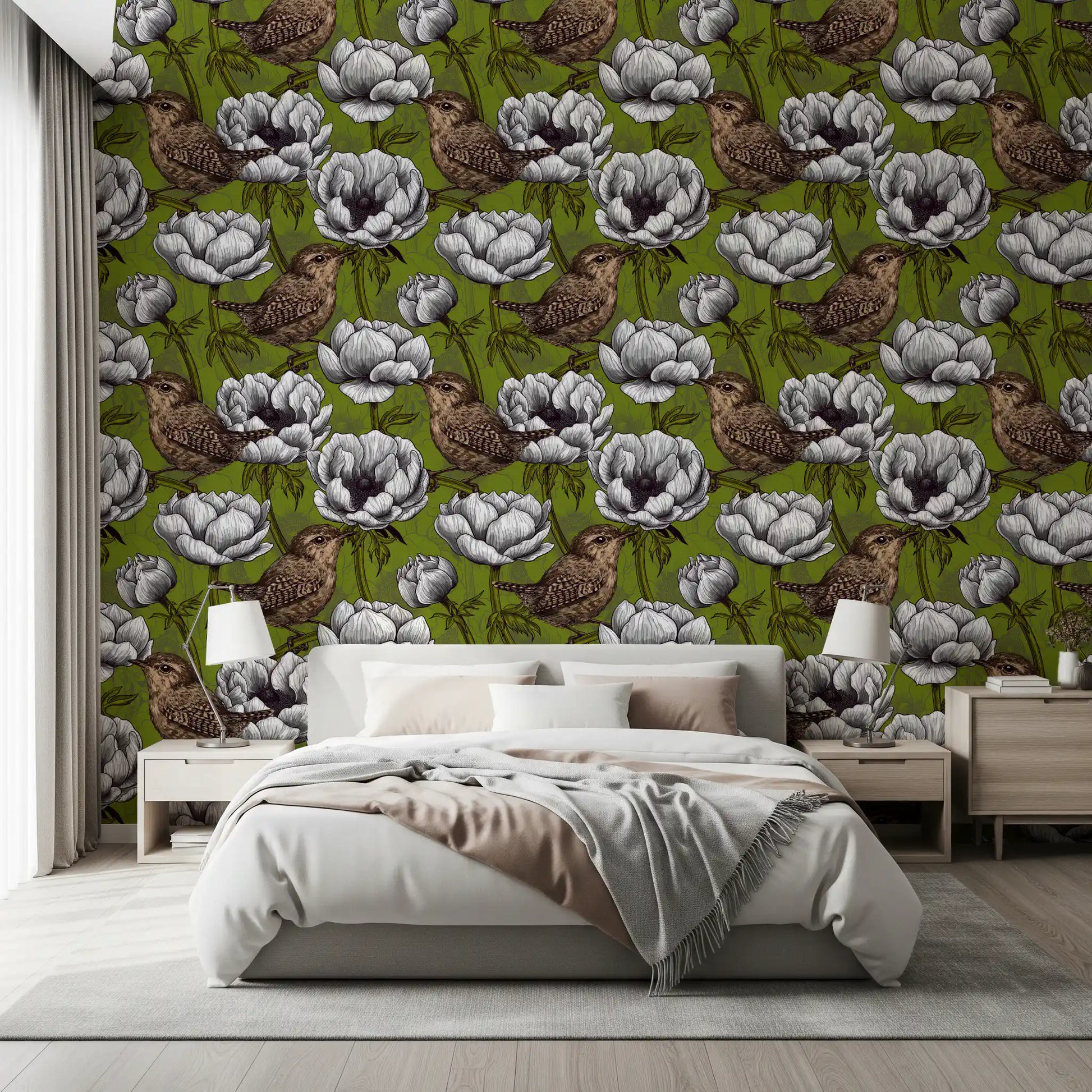 Bedroom styled using Wrens in the White Anemone Garden wallpaper