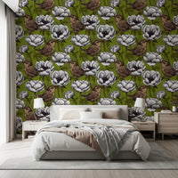 Bedroom styled using Wrens in the White Anemone Garden wallpaper