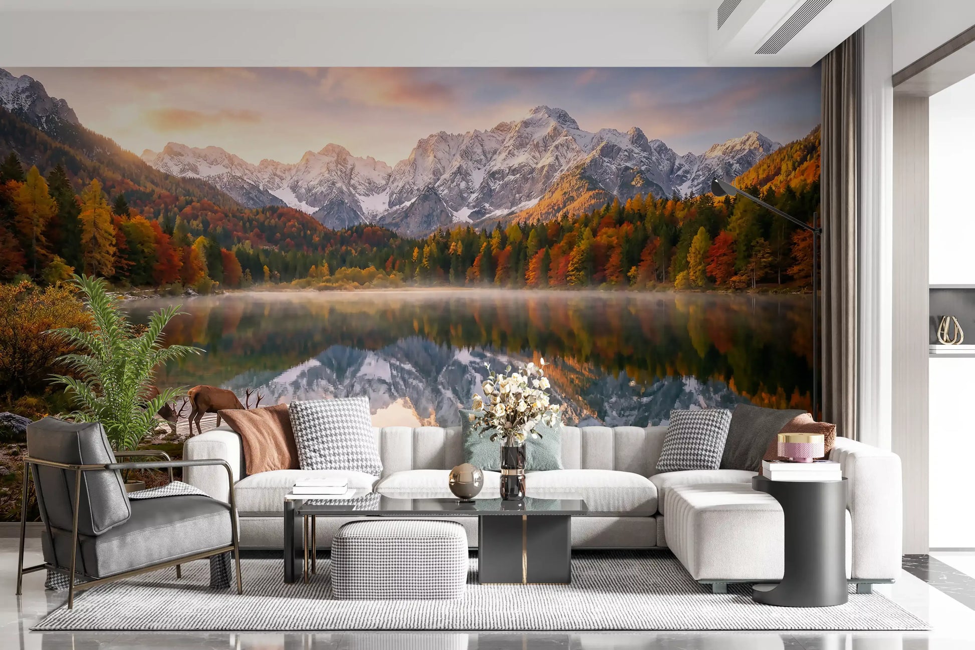 Nature landscape wall mural featuring Alpine Autumn Reflection with Deer