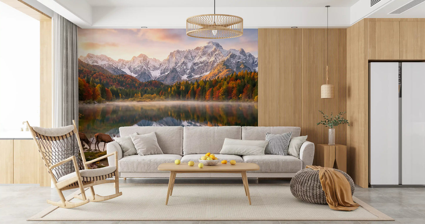 Living room setup with Alpine Autumn Reflection with Deer wall mural scenery