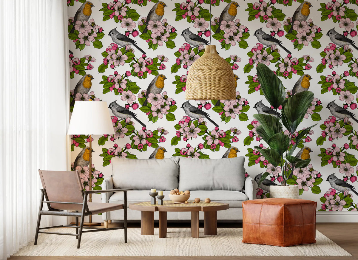 Birds and Blossoms on White wallpaper showing leaves and floral details