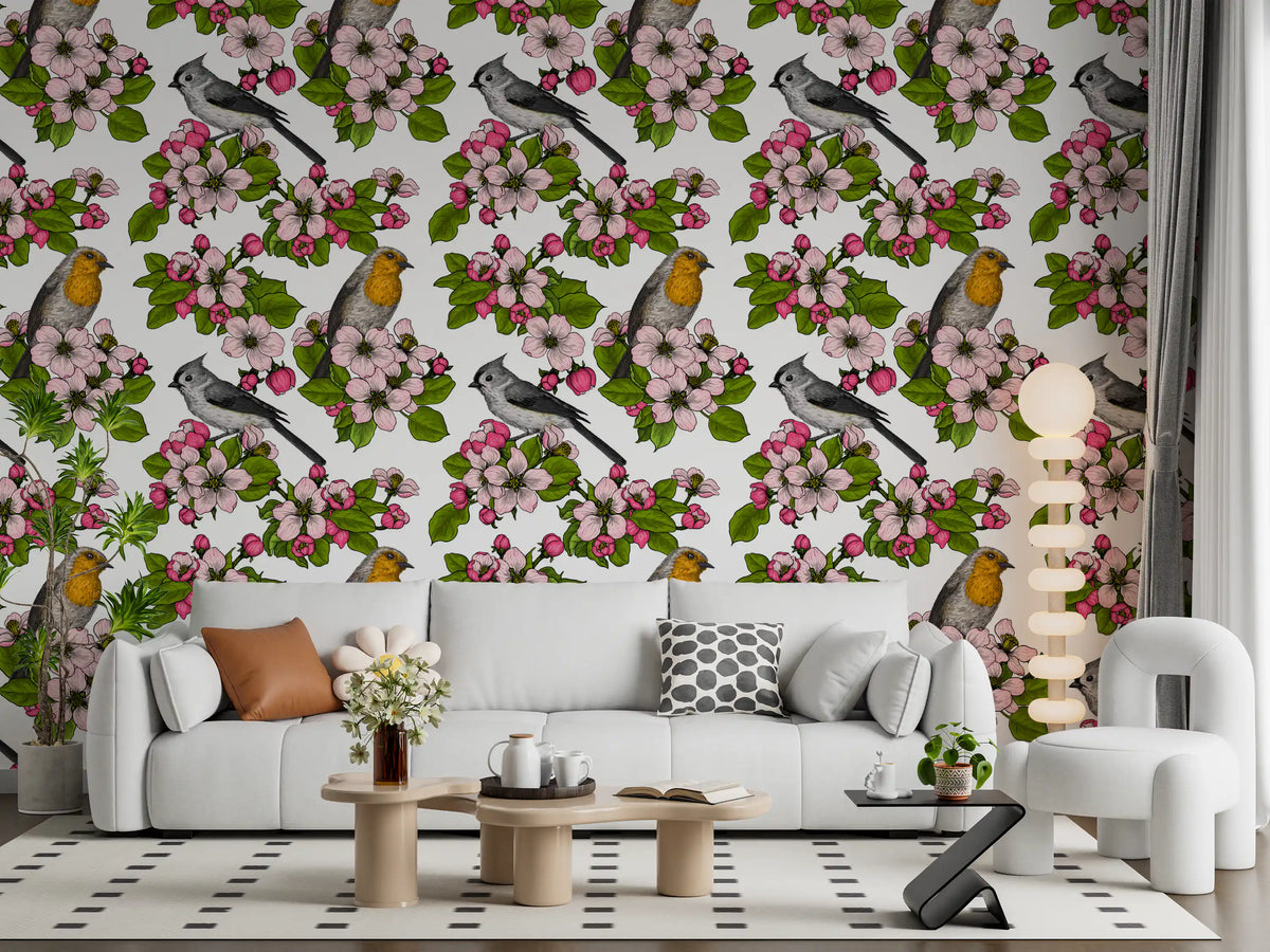 Floral bird wallpaper featuring Birds and Blossoms on White pattern