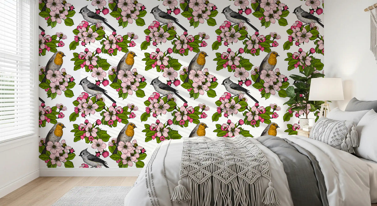 White floral wallpaper with Birds and Blossoms bird pattern design