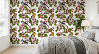 White floral wallpaper with Birds and Blossoms bird pattern design