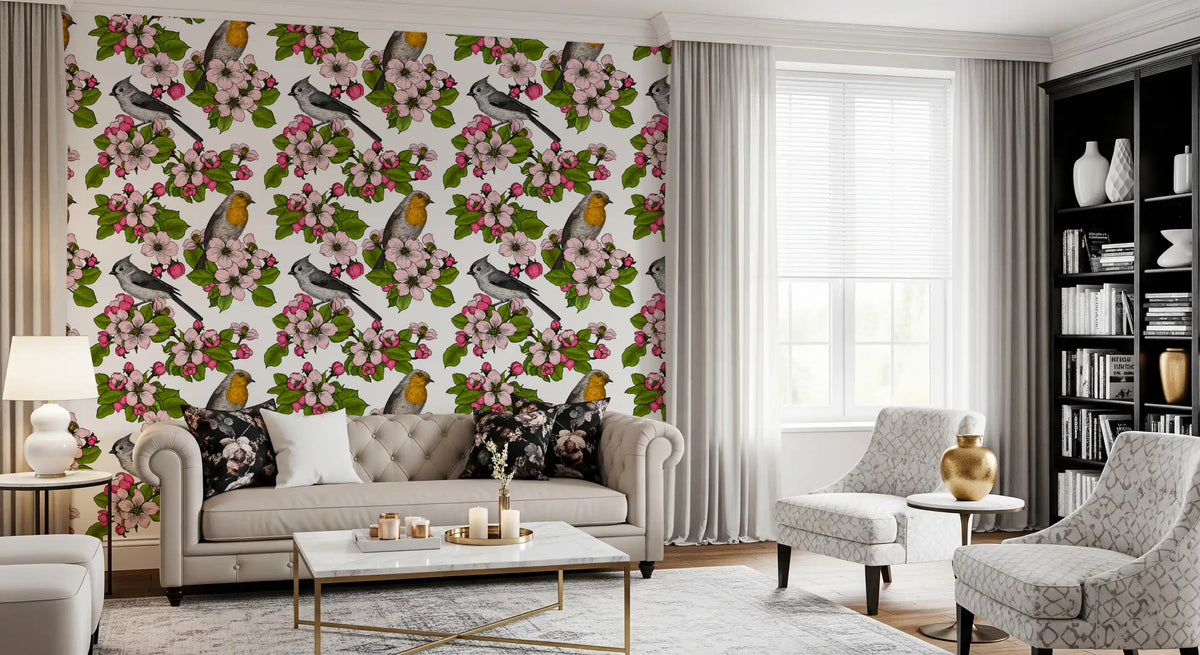 Birds and Blossoms on White wallpaper with detailed blossom clusters