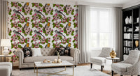 Birds and Blossoms on White wallpaper with detailed blossom clusters
