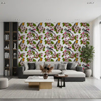 Living room styled with Birds and Blossoms on White wallpaper bird design