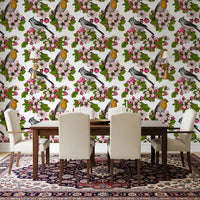 Dining room setup with Birds and Blossoms on White wallpaper bird theme