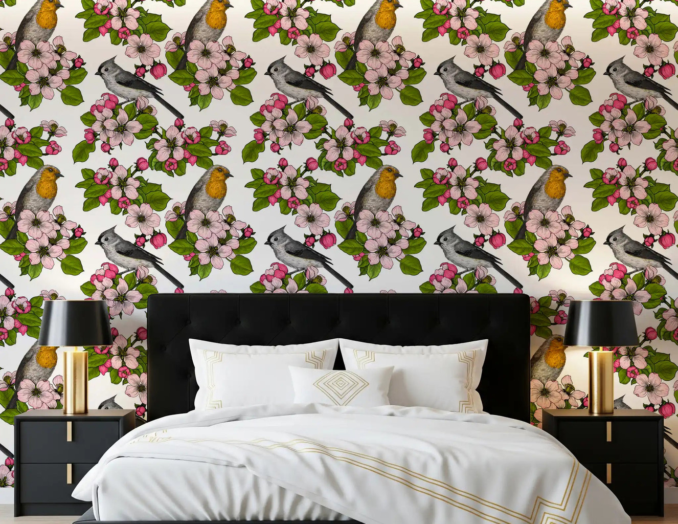 Bedroom wall featuring Birds and Blossoms on White wallpaper floral pattern