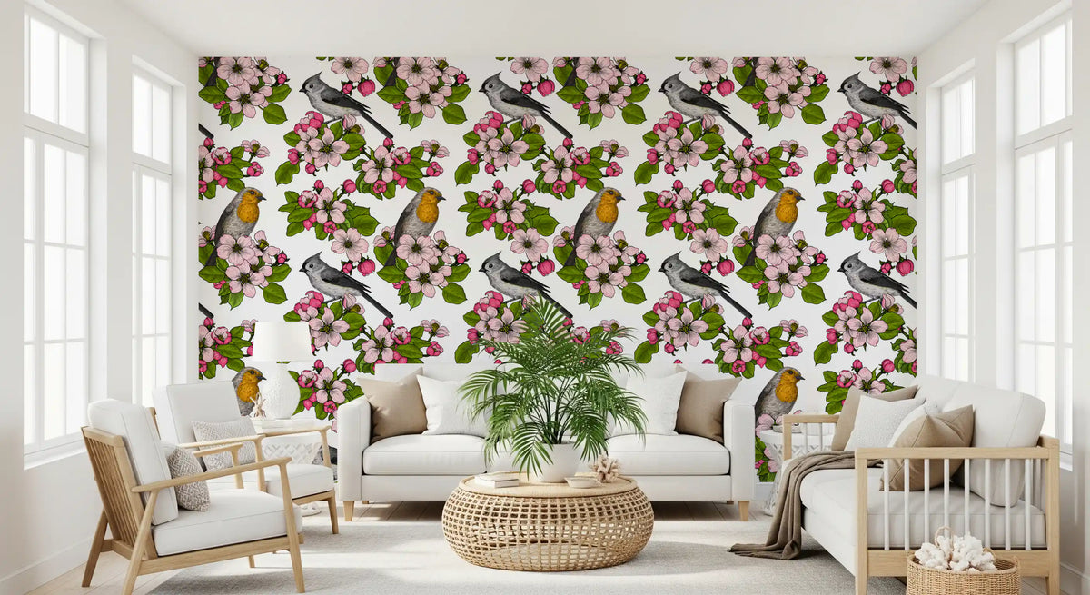 Birds and Blossoms on White wallpaper with birds and pink flowers